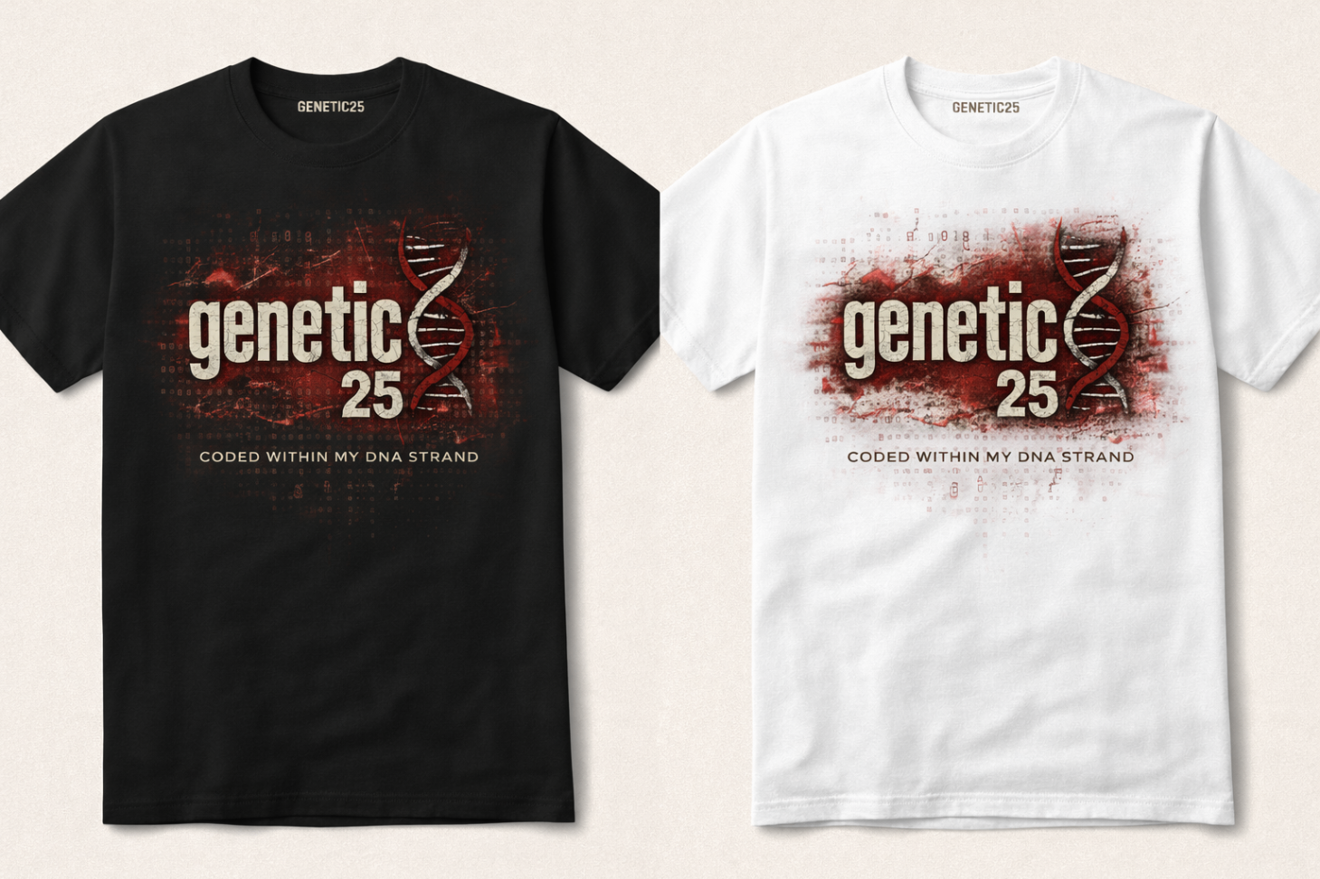 Genetic25 T-shirt met rode DNA-streng en genetic25-frontprint, in zwart en wit