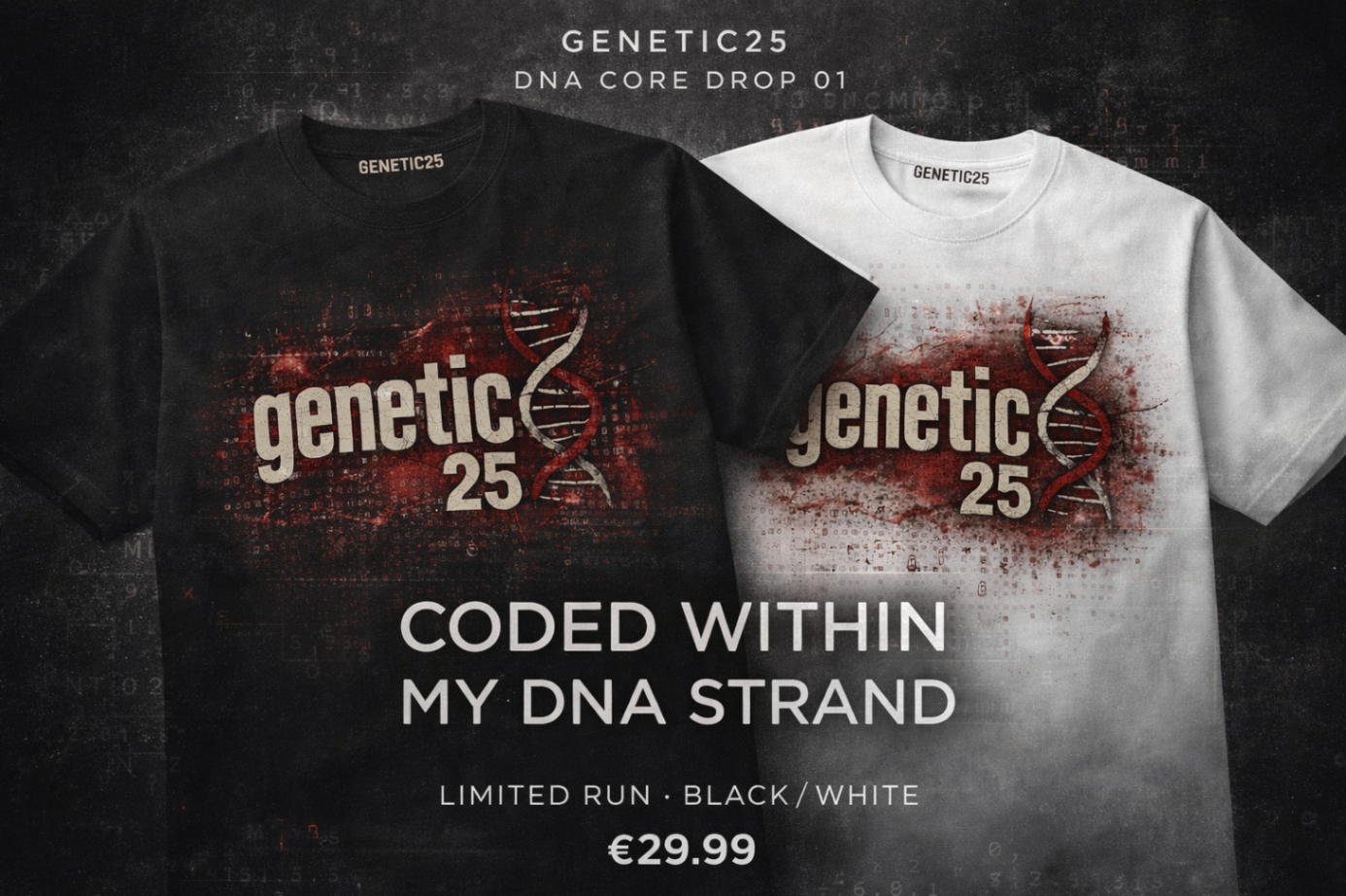 Genetic25 DNA Core Drop 01 T-shirts: zwarte en witte tee met genetic25 frontprint en DNA-streng