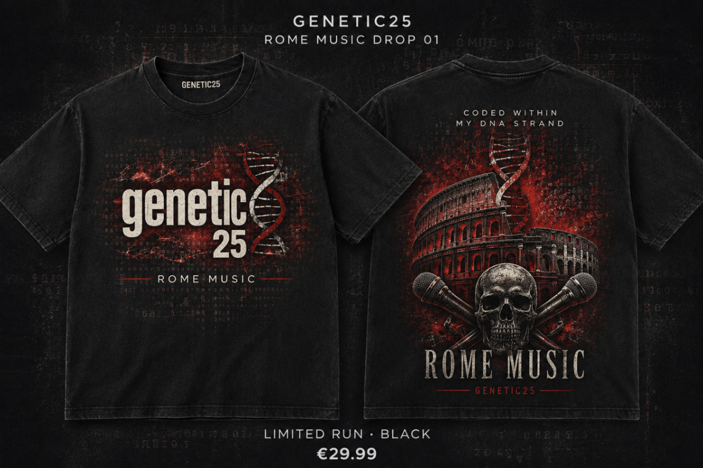 Genetic25 Rome Music Drop 01 T-shirt: zwarte tee met genetic25 frontprint en Rome Music backprint met Colosseum en DNA