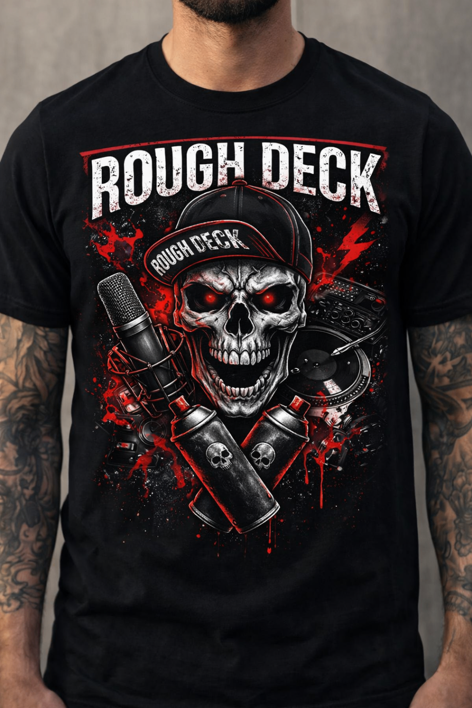 Genetic25 Rough Deck T-shirt met schedel, microfoon, spraybussen en turntable op zwarte tee