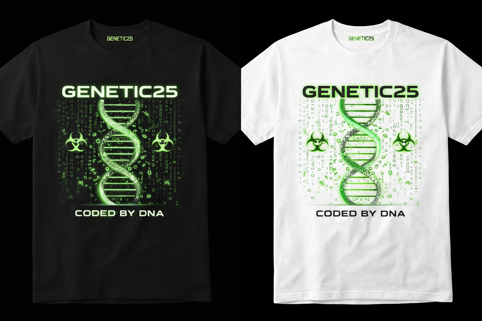 Genetic25 Coded By DNA T-shirt met groene DNA-streng en biohazard-symbool, in zwart en wit
